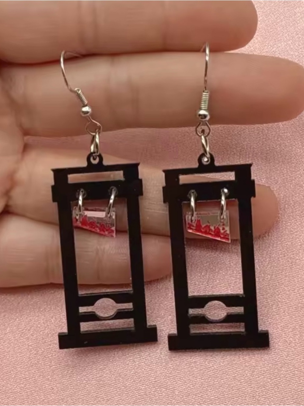 Halloween guillotine Black Geometric Cutout Drop Earrings with Red Accent